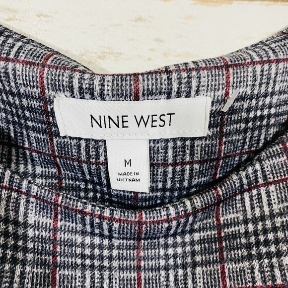 Nine West women's round neck long sleeve gray white check dress size M - Picture 2 of 7